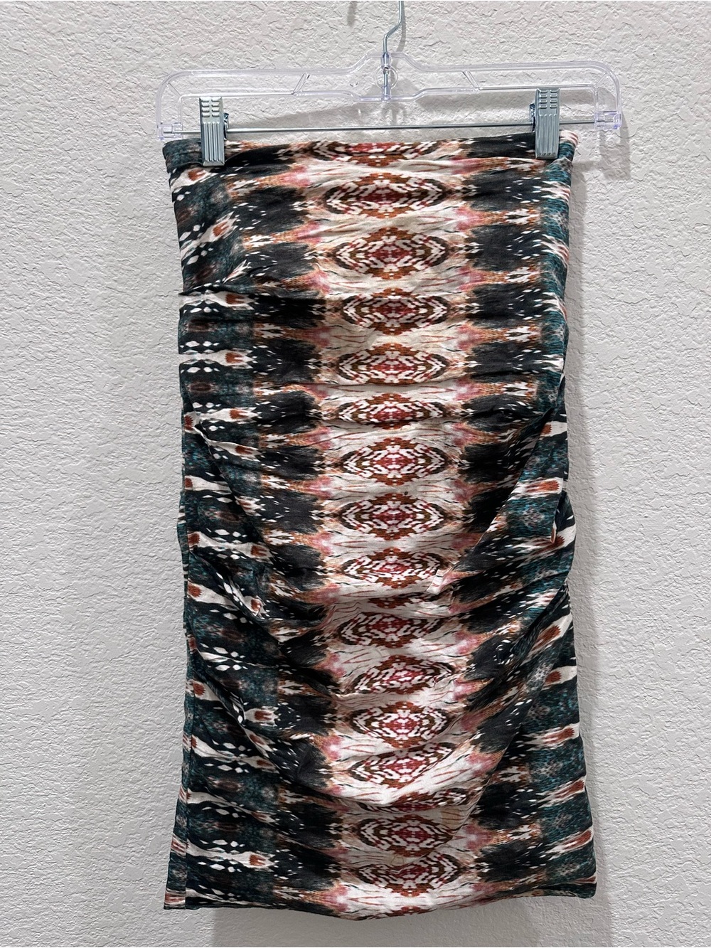 Nicole Miller Artelier Ikat Tribal Print Ruched Mini Skirt Brown Teal Black 2